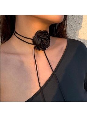 Black Rose Wrap Choker Necklace - Women's Floral Suede Tie